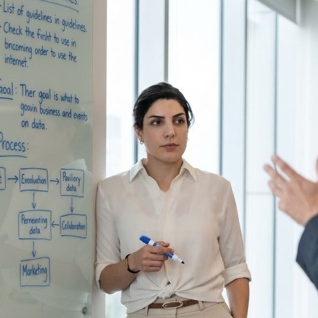Hanna Soleymani at a whiteboard during a working session, listening to a participant